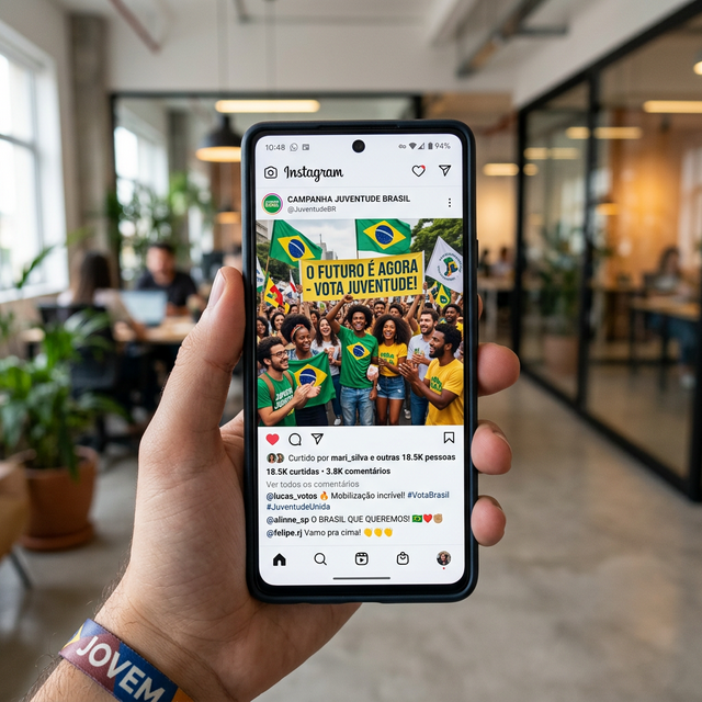 Analisa digital olhando graficos virais subindo no celular, automacao eleitoral