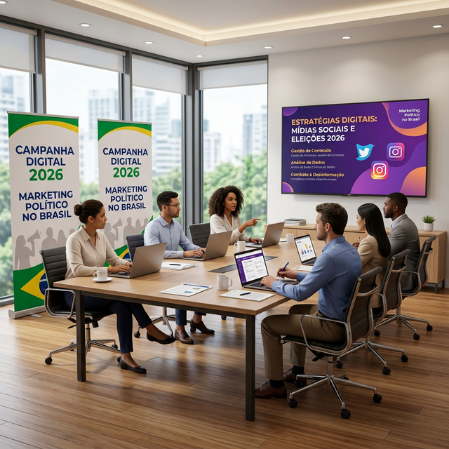 Time de campanha eleitoral 2026 assistindo curso online TV Nano Banana Pro realista