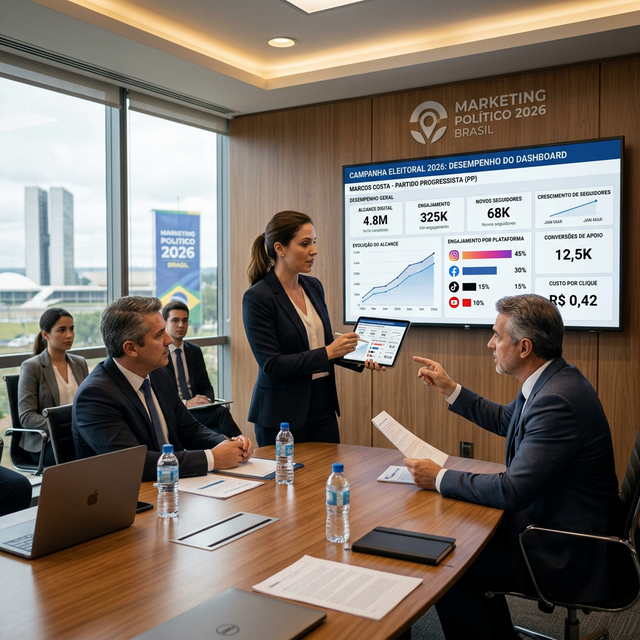 Estrategista de uma consultoria apresentando um dashboard digital a um pré-Candidato para as eleições do Brasil. Nano Banana Pro 2K realista