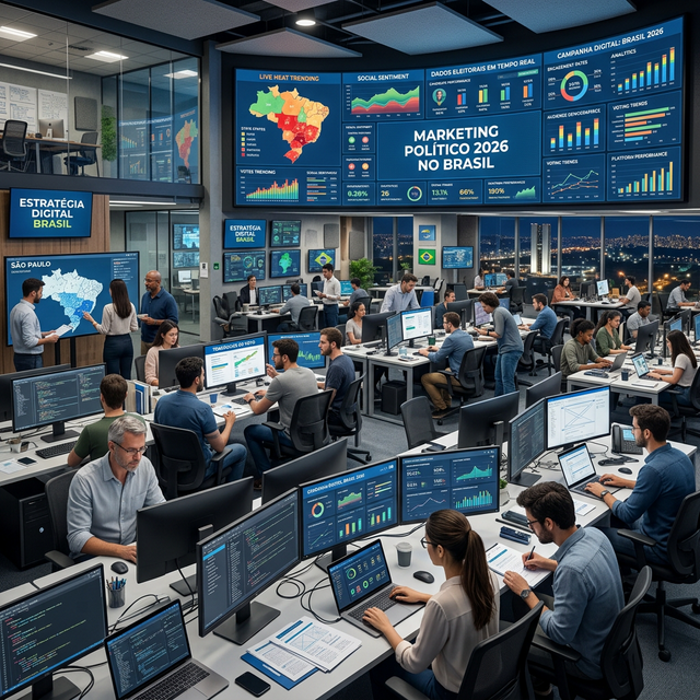 War room digital marketing com especialistas monitorando campanhas eleitorais Nano Banana Pro realista