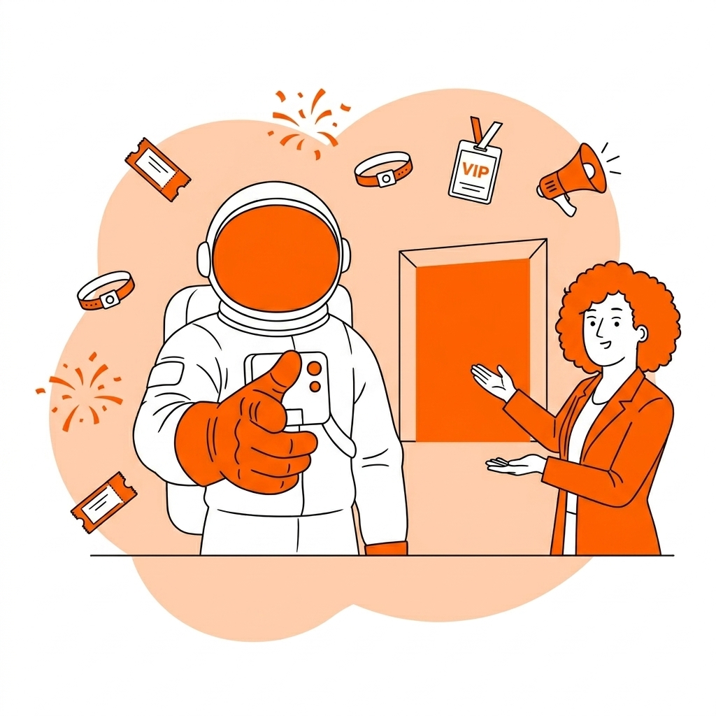 Astronauta com polegar para cima ao lado de produtora sinalizando porta de entrada do evento