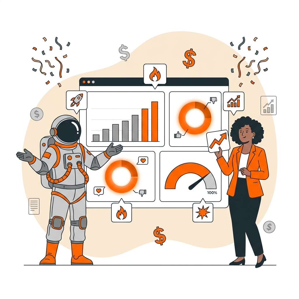 Astronauta e analista apresentando dashboard com métricas de receita, conversão e performance de eventos