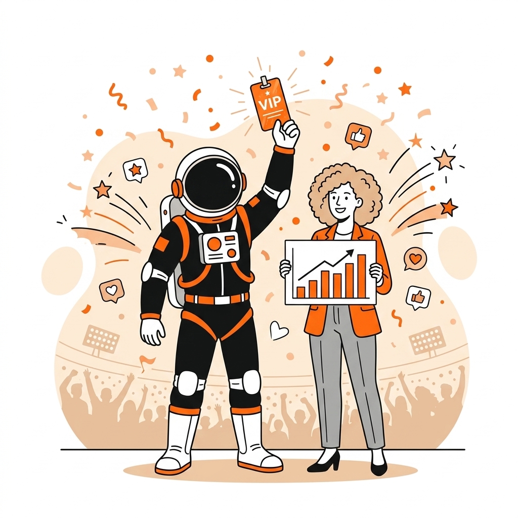 Astronauta segurando ingresso VIP ao lado de produtora com gráfico de vendas em alta, confetes e plateia ao fundo