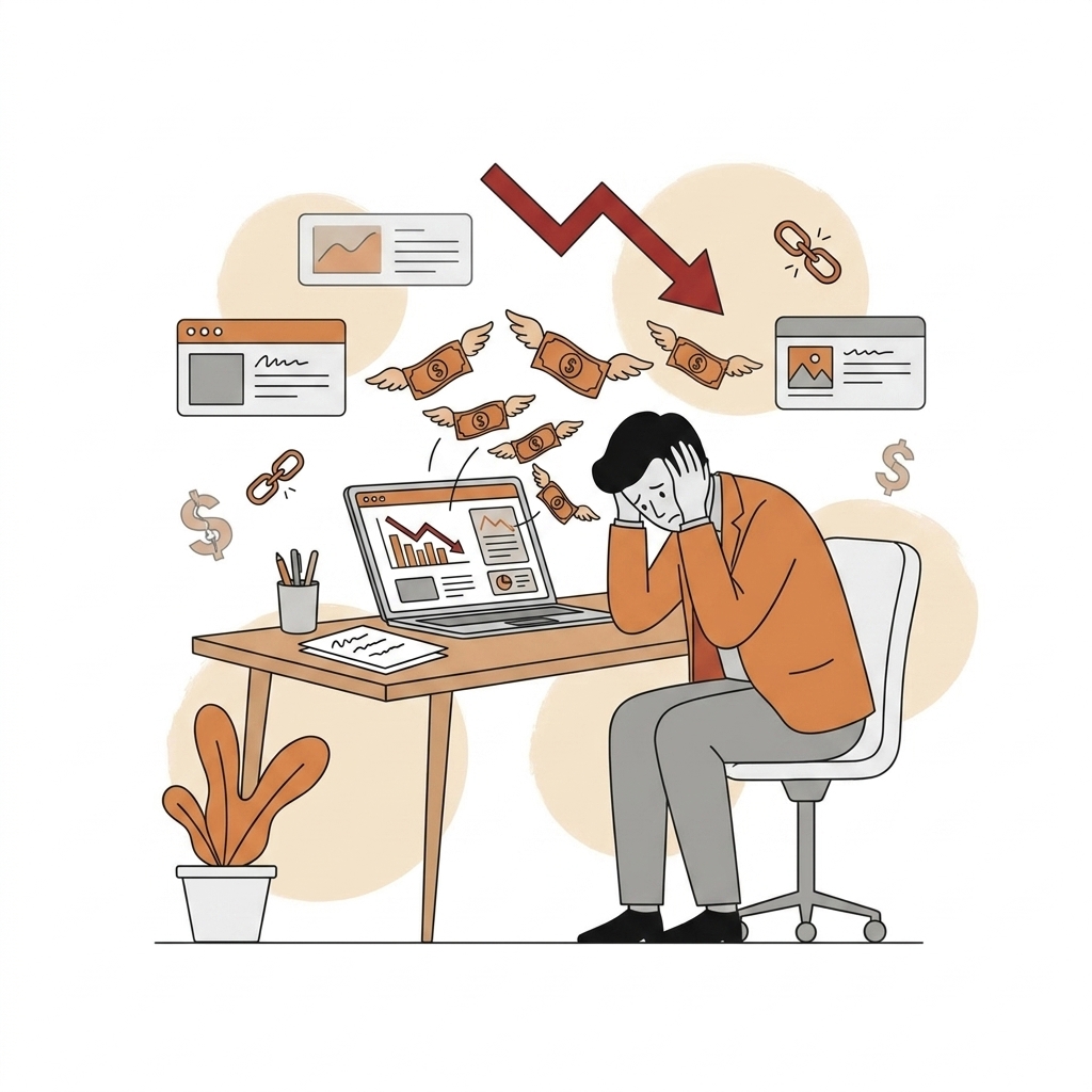 Empresário frustrado analisando dashboard de Google Ads com queda de performance