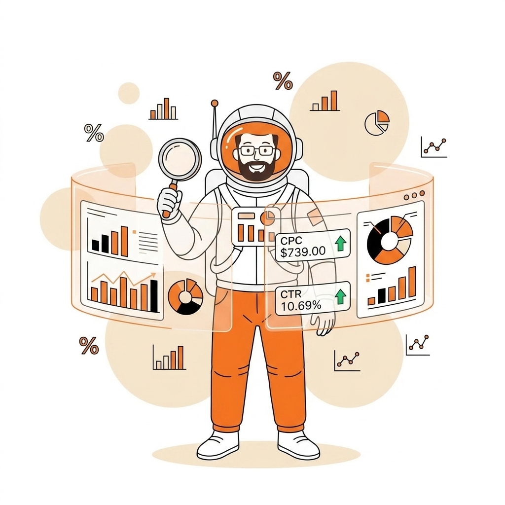Gestor analisando múltiplos painéis com métricas e gráficos de Google Ads