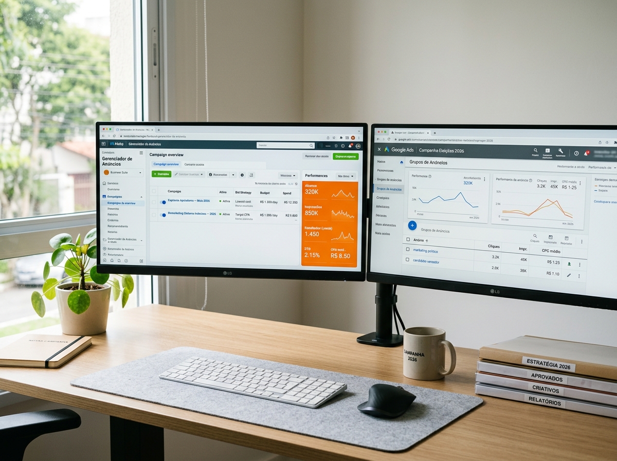 Centro de operações de tráfego pago — múltiplas telas com dashboards