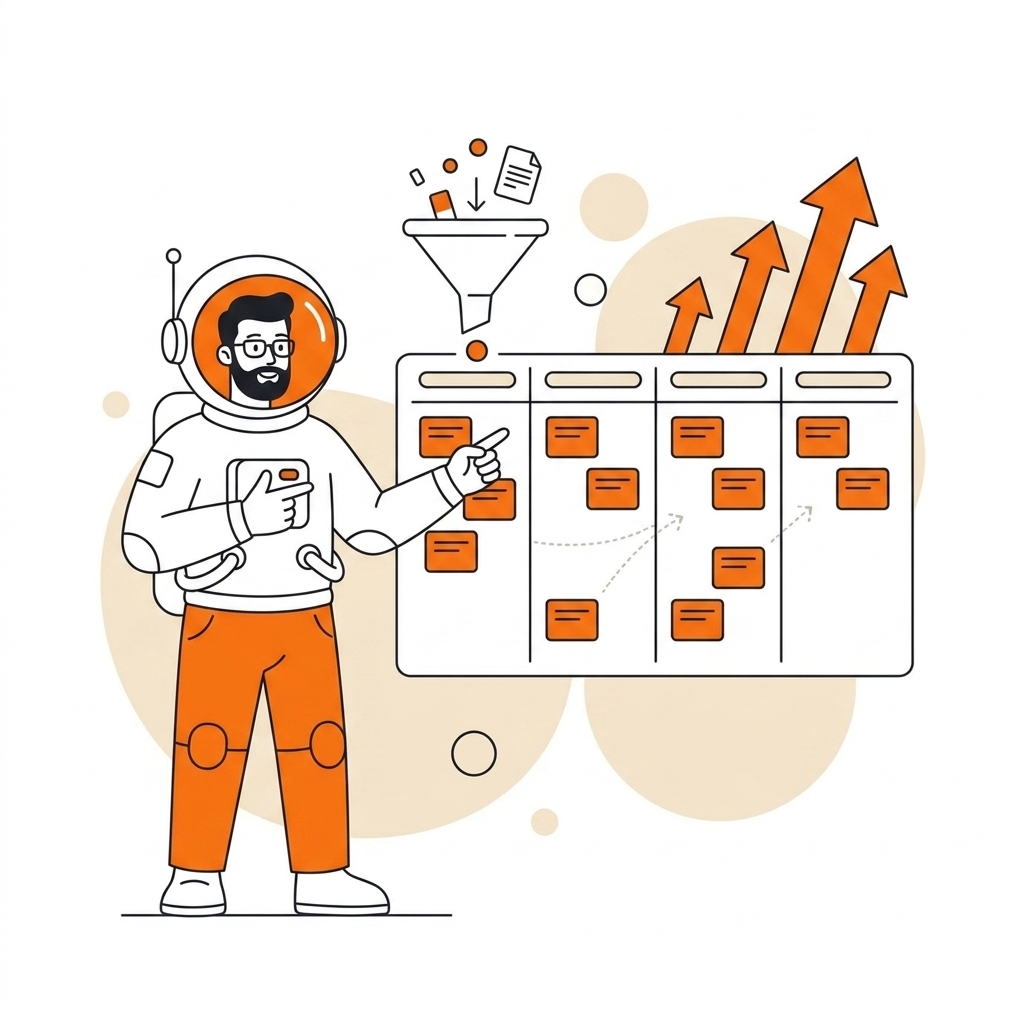Ilustração de funil visual mostrando estágios de vendas com cards organizados