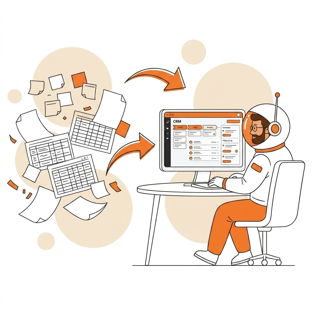Ilustração de substituição de planilhas por um painel de CRM organizado